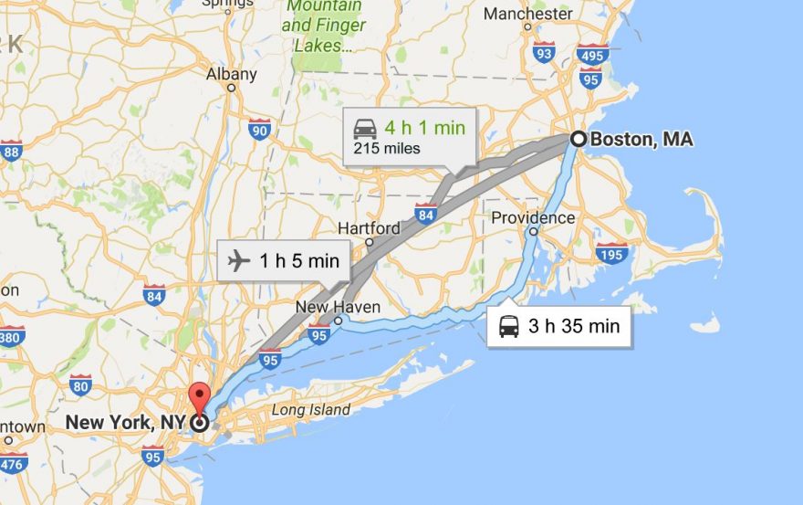 Расстояние от Нью-Йорка до Бостона