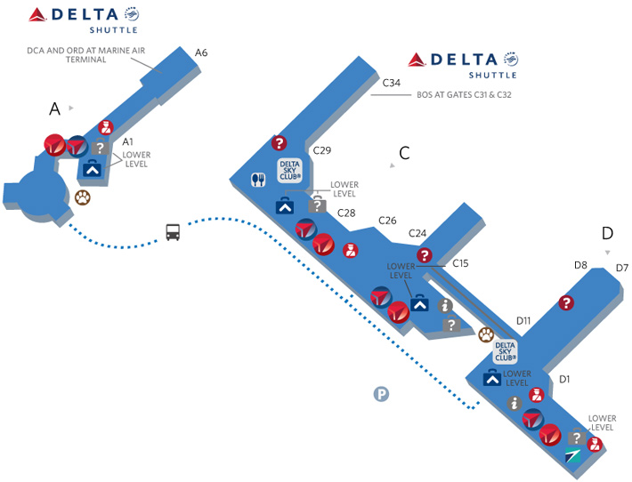Схема терминалов A, C, D в аэропорту Нью-Йорка LGA