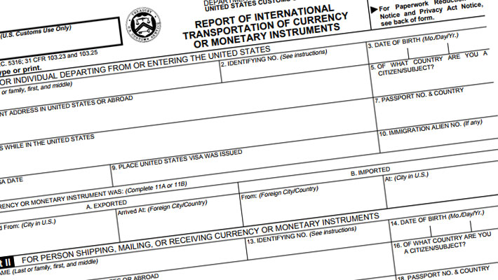 Внешний вид декларации о ввозе наличных в США