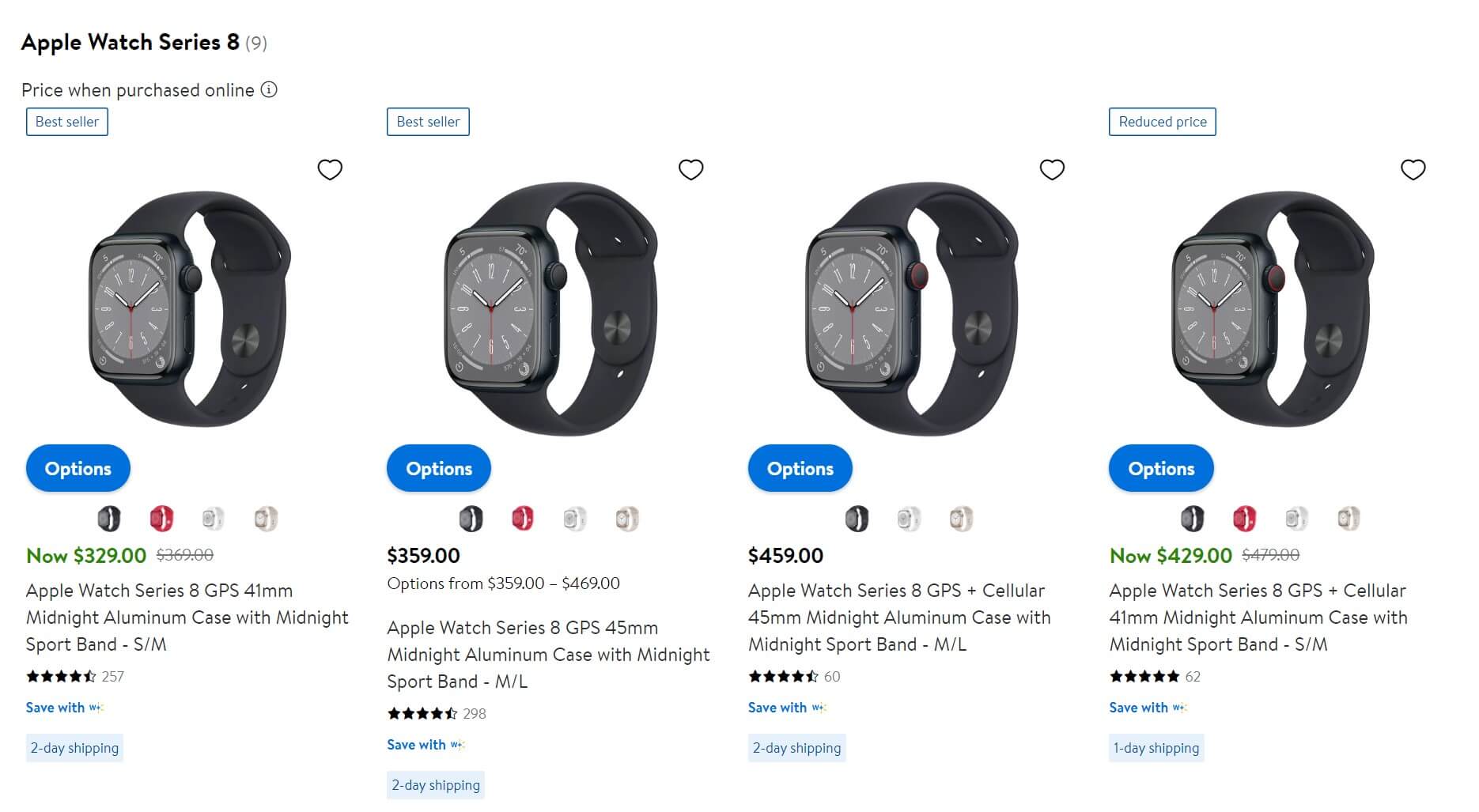 Пример стоимости часов Apple Watch Series 8 в Америке (магазин Walmart)