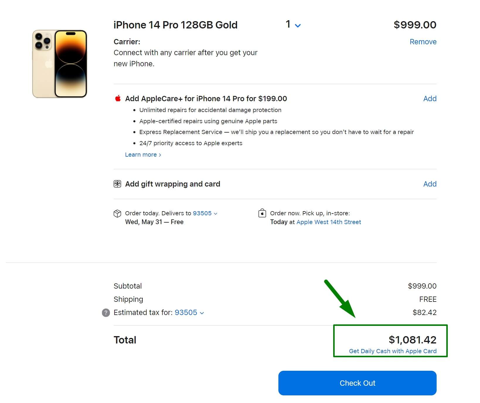 Цена Apple iPhone 14 PRO в Америке с налогами (Калифорния)
